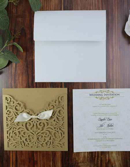 Antique Gold Ribbon Laser Cut Pocket Invitation LC 1035