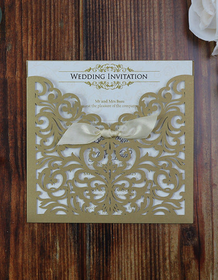Antique Gold Ribbon Laser Cut Pocket Invitation LC 1035