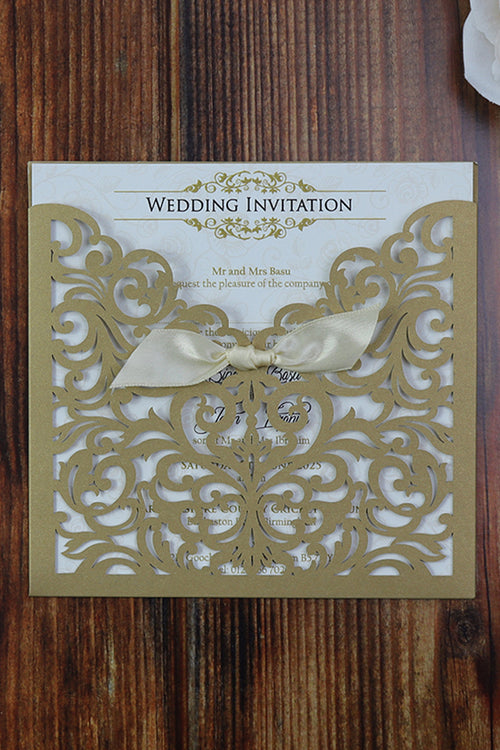 Load image into Gallery viewer, Antique Gold Ribbon Laser Cut Pocket Invitation LC 1035
