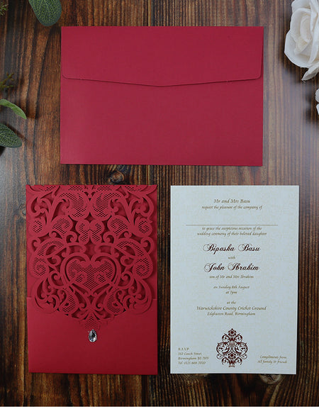 Red Lasercut invitation with red envelopes sold as Pocket Invitation