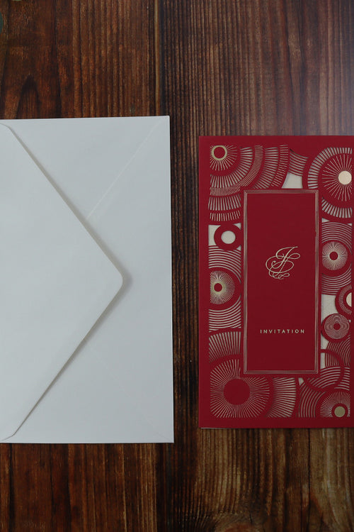 Load image into Gallery viewer, LC 1601 Red Spiral Art Deco Laser-Cut Invitation
