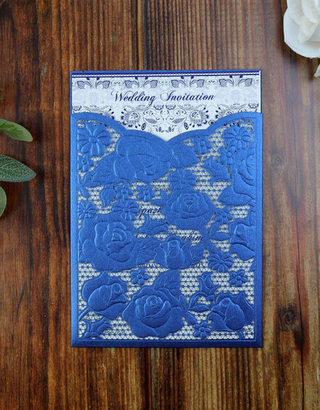 Blue Embossed Rose Floral Laser Cut Pocket Invitation LC 1602