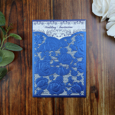 Blue Embossed Rose Floral Laser Cut Pocket Invitation LC 1602