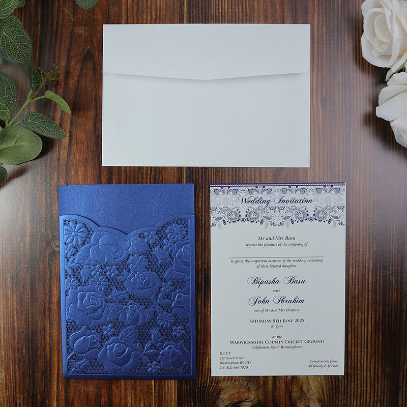 Blue Embossed Rose Floral Laser Cut Pocket Invitation LC 1602
