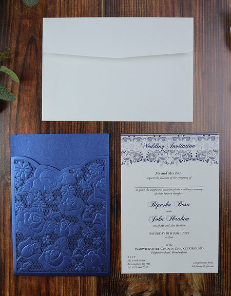 Blue Embossed Rose Floral Laser Cut Pocket Invitation LC 1602