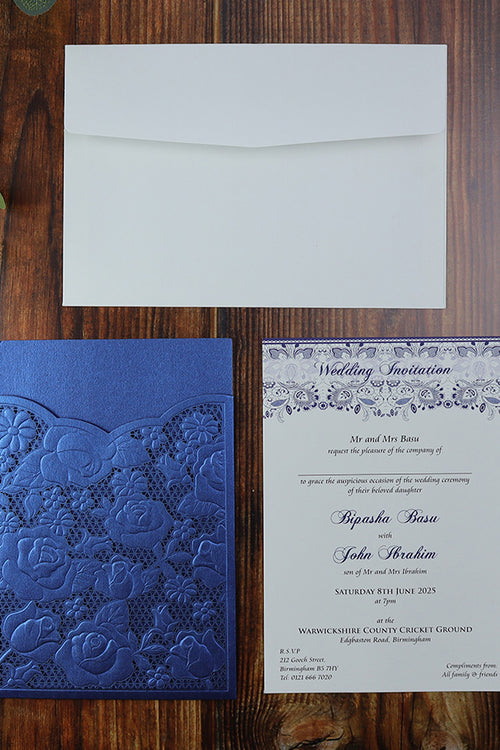 Load image into Gallery viewer, Blue Embossed Rose Floral Laser Cut Pocket Invitation LC 1602
