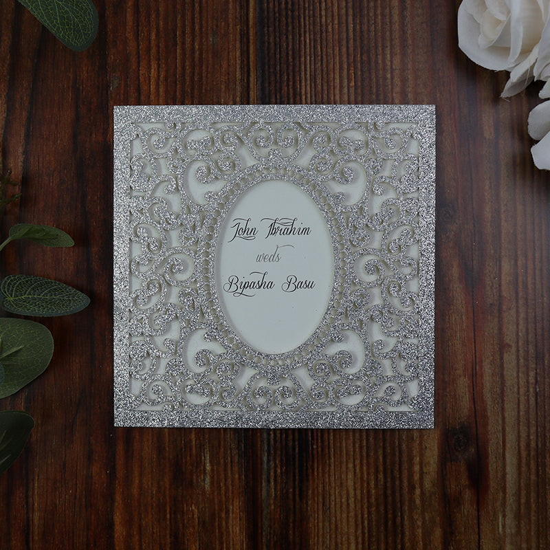 LC 1908 Baroque Glitter Silver Laser Cut Pocket Invitation Design