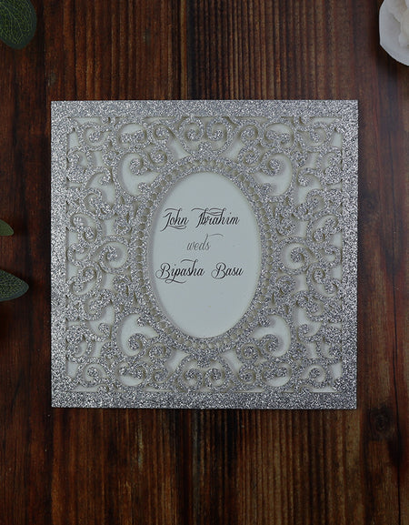 LC 1908 Baroque Glitter Silver Laser Cut Pocket Invitation Design