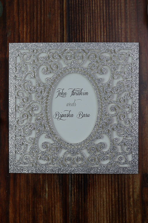 Load image into Gallery viewer, LC 1908 Baroque Glitter Silver Laser Cut Pocket Invitation Design
