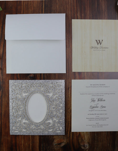 LC 19071 Baroque Glitter Silver Laser Cut Pocket Invitation Design
