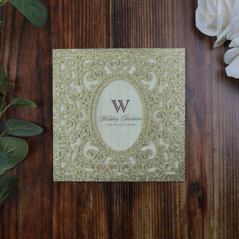 LC 19071 Baroque Glitter Gold Laser Cut Pocket Invitation Design