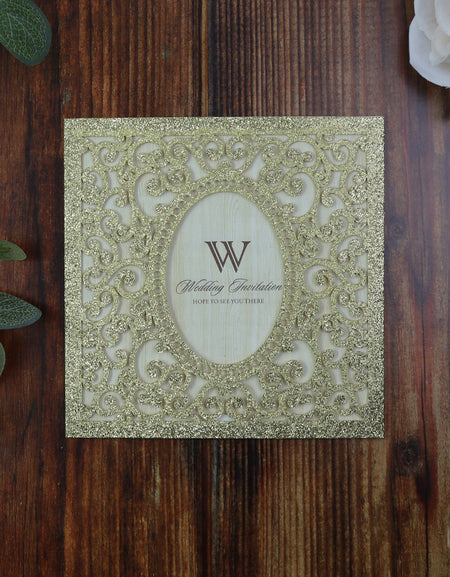 LC 19071 Baroque Glitter Gold Laser Cut Pocket Invitation Design