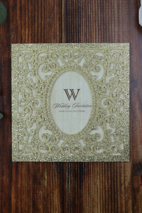 Load image into Gallery viewer, LC 19071 Baroque Glitter Gold Laser Cut Pocket Invitation Design
