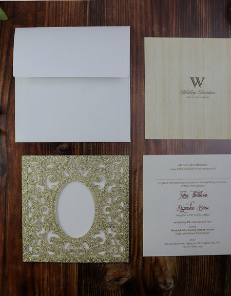 LC 19071 Baroque Glitter Gold Laser Cut Pocket Invitation Design