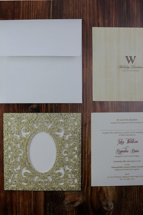 Load image into Gallery viewer, LC 19071 Baroque Glitter Gold Laser Cut Pocket Invitation Design
