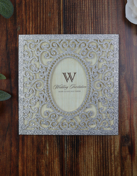 LC 19071 Baroque Glitter Silver Laser Cut Pocket Invitation Design