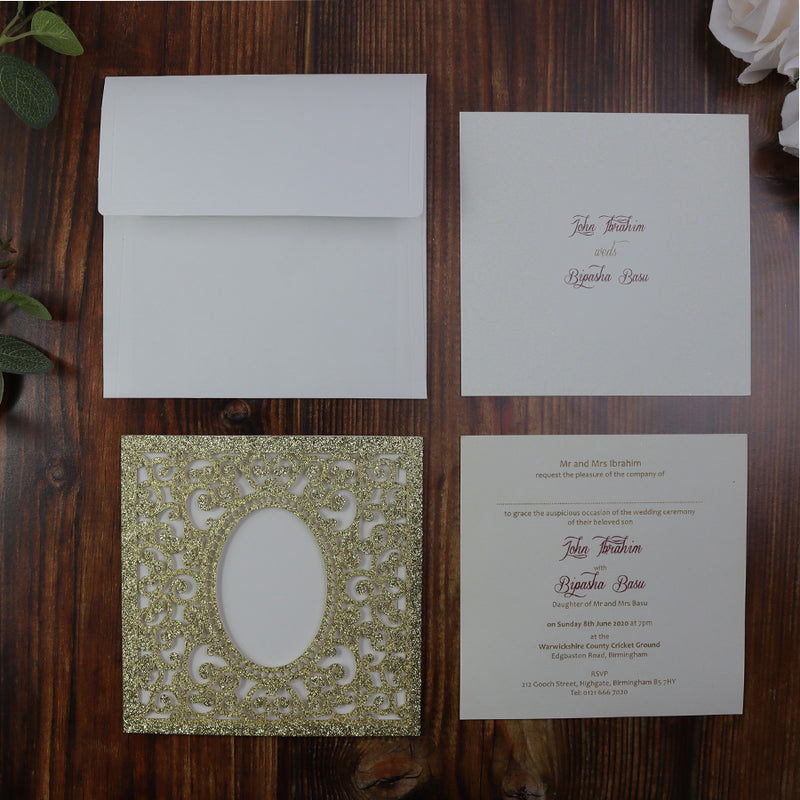 LC 1908 Sparkle Glitter Gold Laser Cut Pocket Invitation