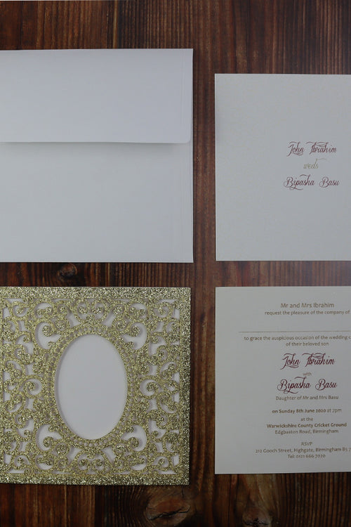 Load image into Gallery viewer, LC 1908 Sparkle Glitter Gold Laser Cut Pocket Invitation
