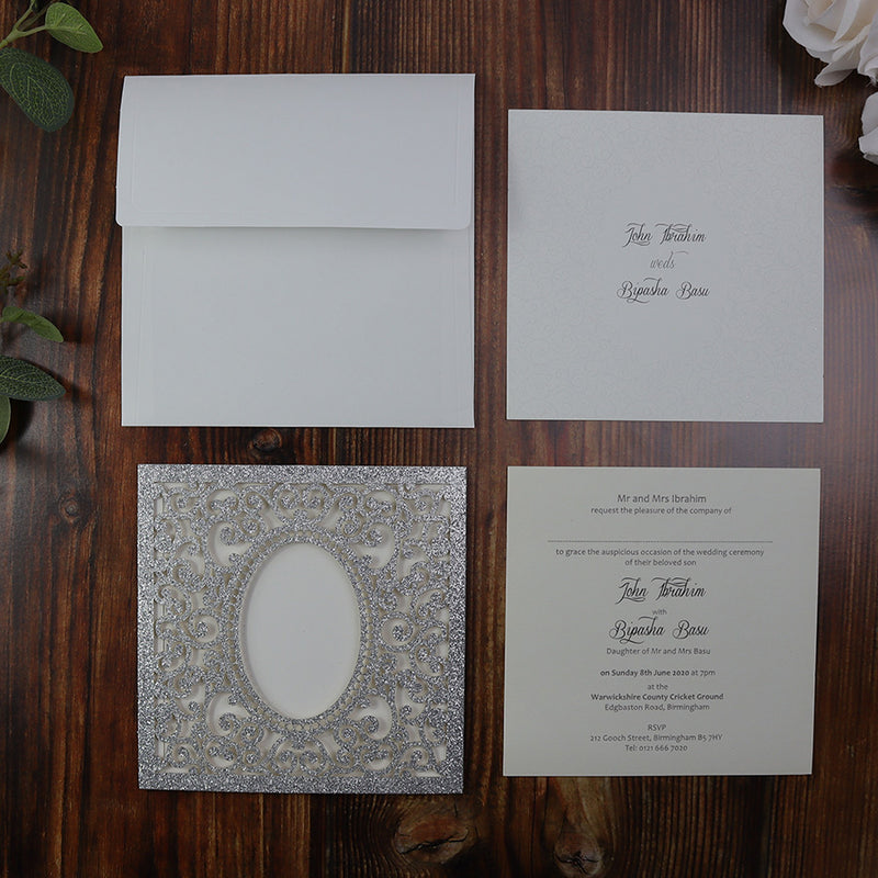 LC 1908 Baroque Glitter Silver Laser Cut Pocket Invitation Design