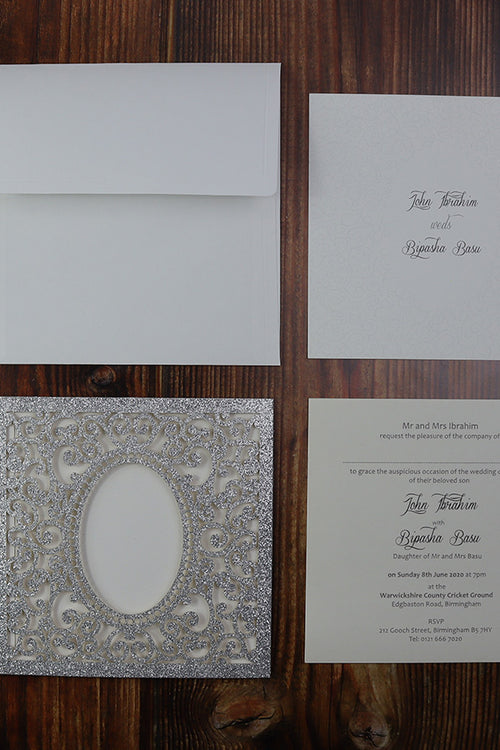 Load image into Gallery viewer, LC 1908 Baroque Glitter Silver Laser Cut Pocket Invitation Design
