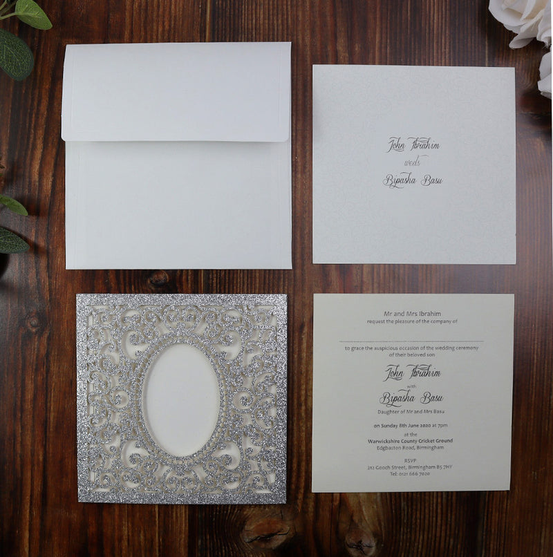 LC 1908 Baroque Glitter Silver Laser Cut Pocket Invitation Design