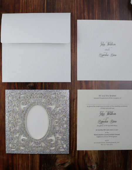 LC 1908 Baroque Glitter Silver Laser Cut Pocket Invitation Design