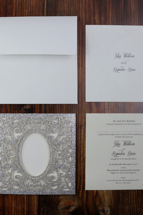 Load image into Gallery viewer, LC 1908 Baroque Glitter Silver Laser Cut Pocket Invitation Design
