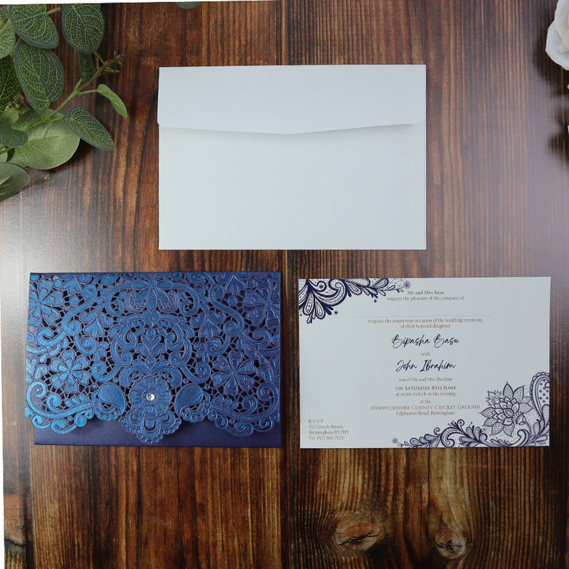 Embossed and foiled floral Blue pocket laser cut invitation LC 6017