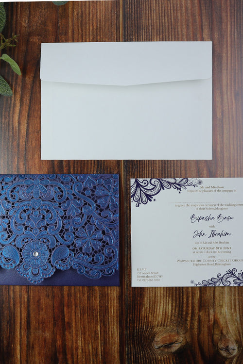 Load image into Gallery viewer, Embossed and foiled floral Blue pocket laser cut invitation LC 6017
