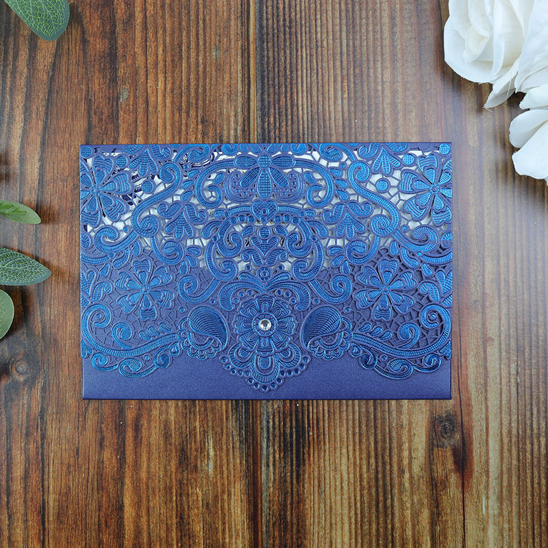 Embossed and foiled floral Blue pocket laser cut invitation LC 6017