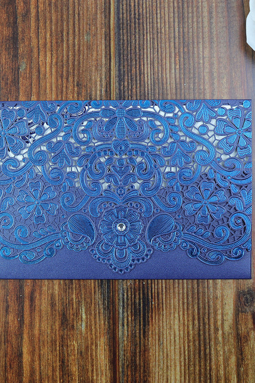 Load image into Gallery viewer, Embossed and foiled floral Blue pocket laser cut invitation LC 6017
