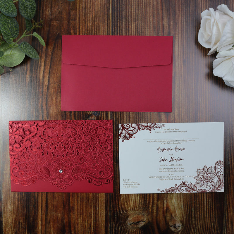 LC 6017 Red Ornamental Laser Cut Pocket Envelope Invitation