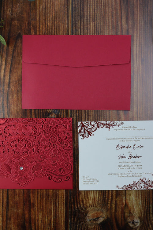 Load image into Gallery viewer, LC 6017 Red Ornamental Laser Cut Pocket Envelope Invitation
