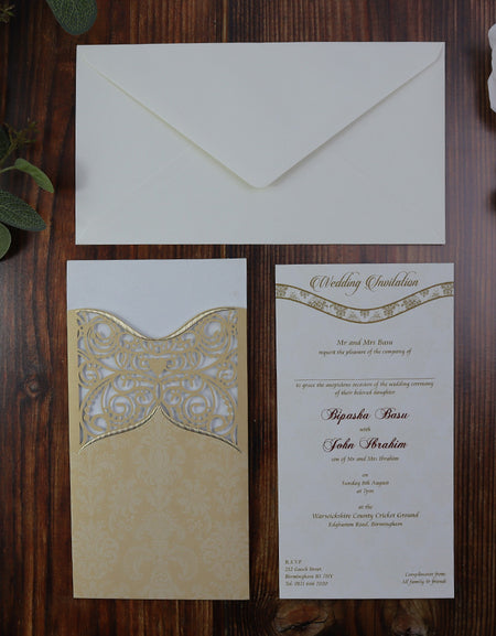Vintage Damask Gold Laser Cut Pocket Invitation LC 8007