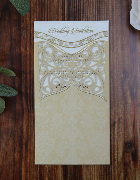 Vintage Damask Gold Laser Cut Pocket Invitation LC 8007