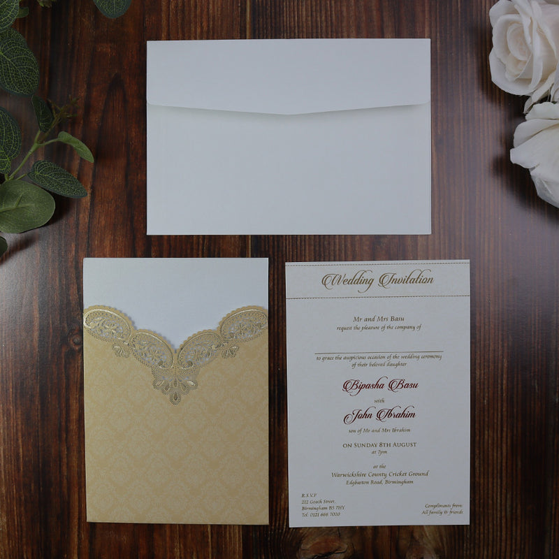 Gold Paisley Laser Cut Pocket Invitation LC 8009