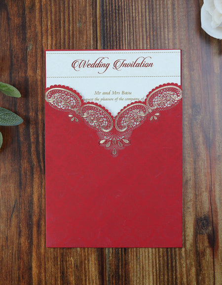 Front View of the Red Pocket laser cut invitation for wedding card with Paisley Design