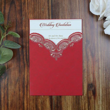Front View of the Red Pocket laser cut invitation for wedding card with Paisley Design
