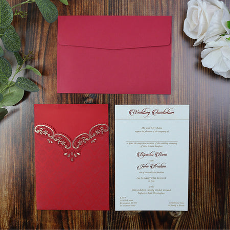 Open view of the Lasercut Pocket invitation for wedding in red. Multiple inserts can be added to this laser cut
wedding card invitation