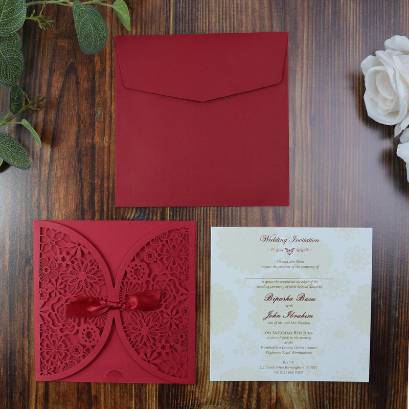 Royal Red Floral Gatefold laser cut pocket Invitation LC 8330