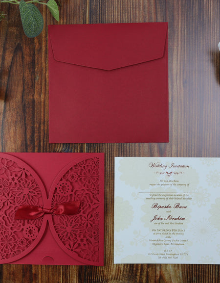 Royal Red Floral Gatefold laser cut pocket Invitation LC 8330