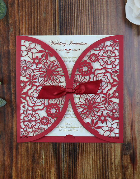 Royal Red Floral Gatefold laser cut pocket Invitation LC 8330