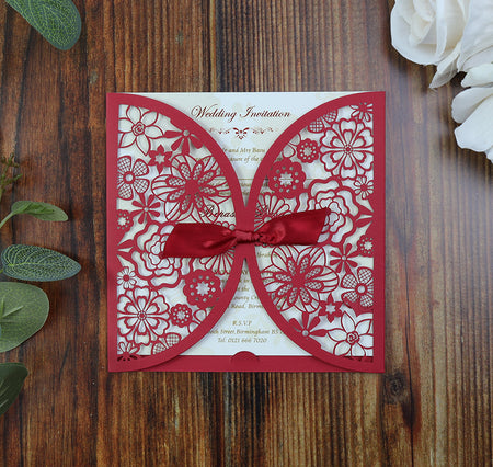 Royal Red Floral Gatefold laser cut pocket Invitation LC 8330