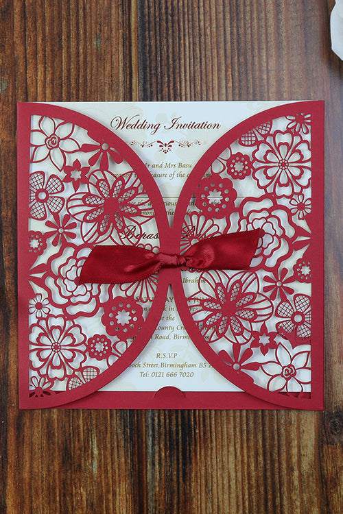 Load image into Gallery viewer, Royal Red Floral Gatefold laser cut pocket Invitation LC 8330
