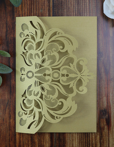 LC 9017 Large Metallic Gold Pocketfold Lasercut Invitation