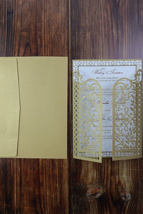 Load image into Gallery viewer, LC 9018 Gold Vintage Gatefold Lasercut Invitation
