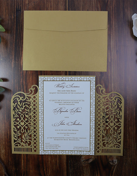 LC 9018 Gold Vintage Gatefold Lasercut Invitation