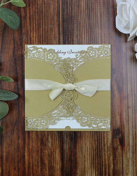 LC 9019 Rustic Gold Laser Cut Ribbon Invitation