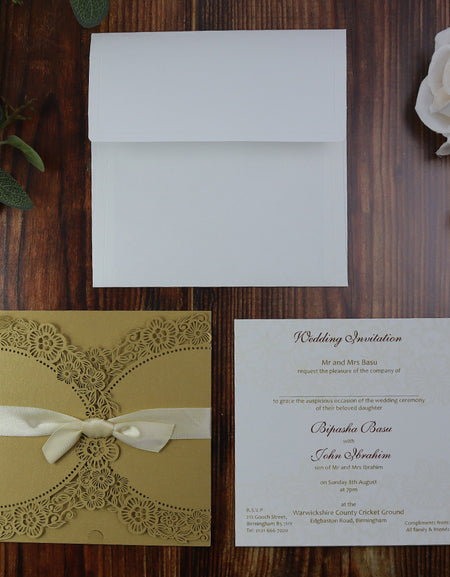 LC 9019 Rustic Gold Laser Cut Ribbon Invitation