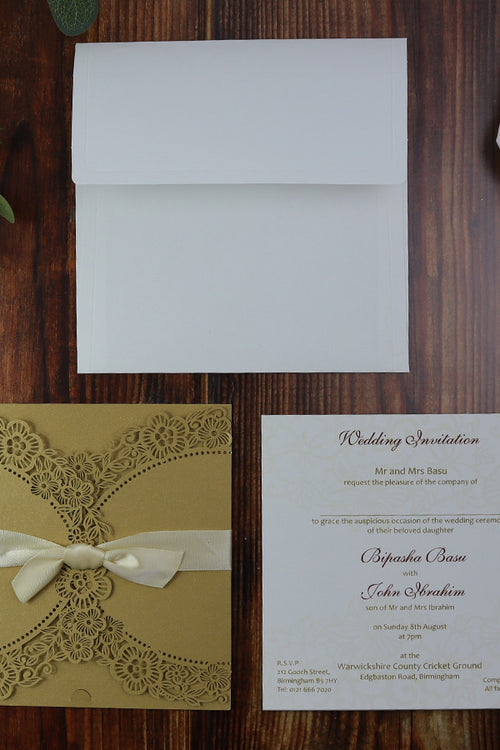 Load image into Gallery viewer, LC 9019 Rustic Gold Laser Cut Ribbon Invitation

